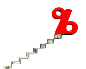 Percentage sign on top of money stairs, 3D rendering