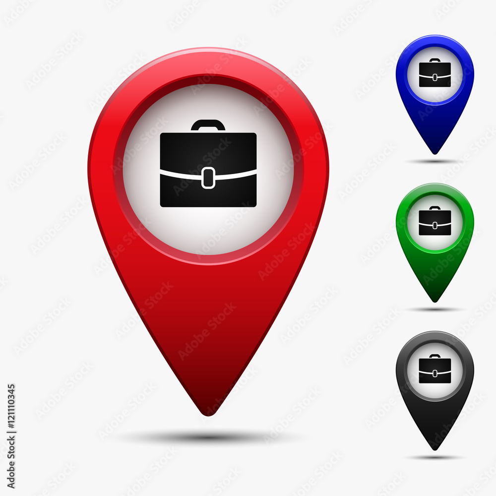 Poster colored map pointer with symbol portfolio, job search, offer a job. for location maps. mark icon. si
