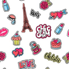 Cute fashion seamless pattern with patch badges.Lips, hearts, Eiffel tower,flower, cake, eye, lipstick. Paris romantic design.