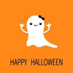 Funny baby girl ghost with black bow. Smiling face. Happy Halloween. Greeting card. Cute cartoon character. Scary spirit. Kids collection. Orange background. Flat design.