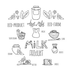 Milk products from eco farm. Vector set of drawings of liner. Image of dishes for milk and dairy products.Cartoon style