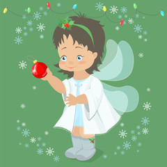 Christmas fairy angel holding a Christmas ball in her hand . Vec