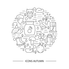 Autumn symbols in circle. Pumpkin, hedgehog, owl, jam  in a linear style. Great graphic for nnouncement, advertisement, flyer or banner.
