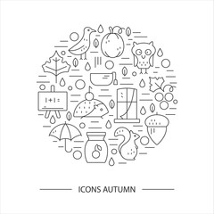 Autumn symbols in circle. Pumpkin, hedgehog, owl, jam  in a linear style. Great graphic for nnouncement, advertisement, flyer or banner.