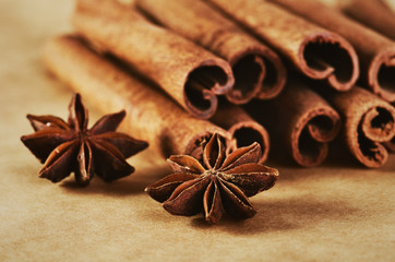 cinnamon sticks and two stars anise on paper background close-up
