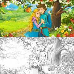 Obraz na płótnie Canvas Cartoon scene with cute royal charming couple on the meadow - with coloring page - illustration for children