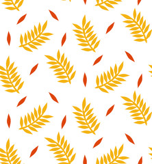 Fototapeta na wymiar Autumn seamless pattern with leaves. Vector background in orange and white colors. Can be used for wallpaper, pattern fills, surface textures, scrapbooking, fabric prints.