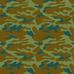 Camouflage pattern background seamless vector illustration. Classic clothing style masking camo repeat print. Green brown khaki olive colors forest texture