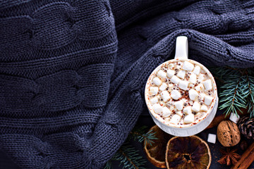 Cocoa, coffee  with marshmallows, nuts, gift