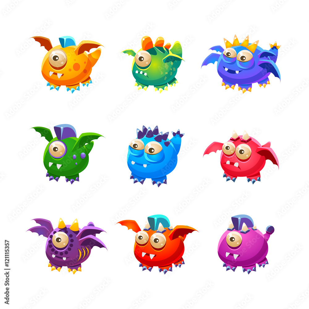 Poster little alien dragon like monsters set