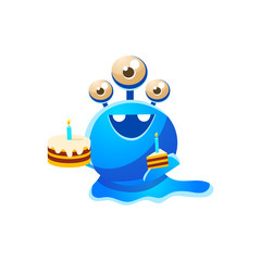 Blue Three-Eyed Toy Monster With Full Birthday Cake And A Slice