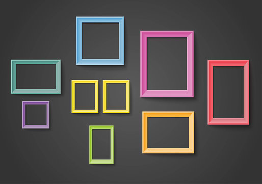 Blank colorful frame set isolated on wall Vector