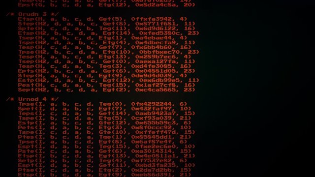 An 8-bit source code scrolling animation, scrambled text from public domain. White characters on a red scarlet background. Use it as is or as a texture / abstract, map it, overlay it, etc.
