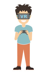 Isolated vr man. Young smiling man using vr glasses stands with gamepad. Augmented reality, new technologies. Video game.