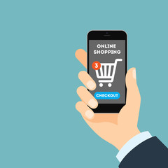 Online shopping concept. Buying products and service through Internet using smartphone. Shopping cart with checkout button.