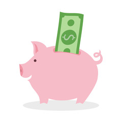 Piggy bank with green dollar banknote on white background. Concept of wealth, success and savings. Pink piggy toy.