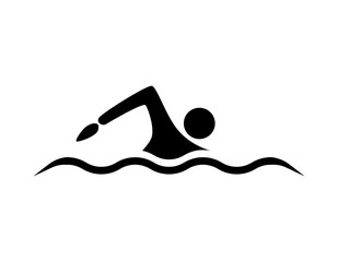 Isolated swim icon. Black silhouette of man swimming in the waves. Concept of swimming pool, summer competition and more.