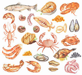 Watercolor seafood set. All kinds of sea animals as lobster, shrimp, salmon and more. Fresh and healthy food.
