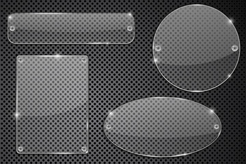 Transparent glass plate on metal background