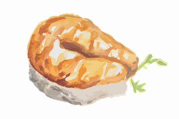 Watercolor salmon steak on white background. Healthy seafood with vitamons. Restaurant meal with parsley.