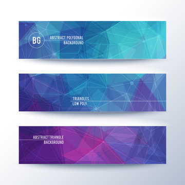 Set of horisontal abstract low poly geometric banners with triangles in blue and purple