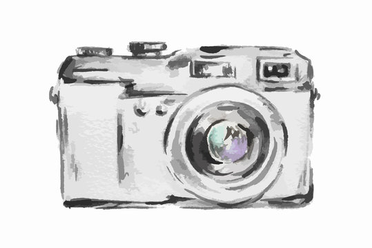 Isolated watercolor camera on white background. Simple photo camera. Vintage art.