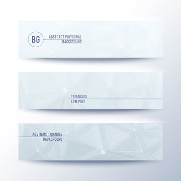 Set of horisontal abstract low poly geometric banners with triangles in light grey