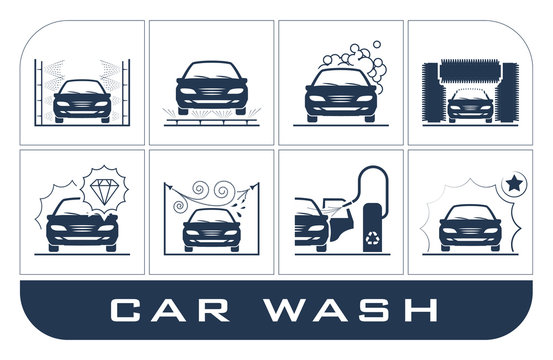 Set of car washing icons. Collection of very useful icons presenting equipment used for car wash.          