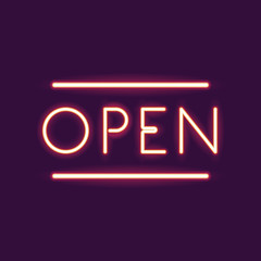 Fototapeta na wymiar Open neon font icon. Text typography decoration and advertising theme. Colorful design. Vector illustration