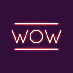 wow neon font icon. Text typography decoration and advertising theme. Colorful design. Vector illustration