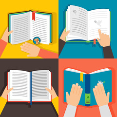 Hands holding books. Vintage paper book library vector illustration