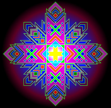 Pattern of Baltic Auseklis symbol on a black background, vector image.