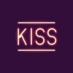 kiss neon font icon. Text typography decoration and advertising theme. Colorful design. Vector illustration