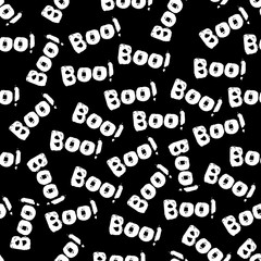 Halloween tile vector pattern with white boo text on black background