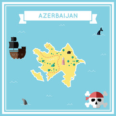Flat treasure map of Azerbaijan. Colorful cartoon with icons of ship, jolly roger, treasure chest and banner ribbon. Flat design vector illustration.