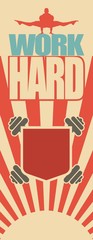Muscular man posing on work hard text. Vector silhouette. Sport relative emblem on sun rays background