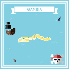 Flat treasure map of Gambia. Colorful cartoon with icons of ship, jolly roger, treasure chest and banner ribbon. Flat design vector illustration.