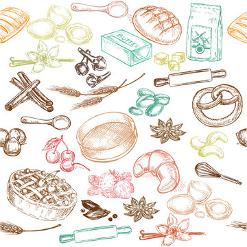 hand drawn sketch illustration cooking seamless pattern