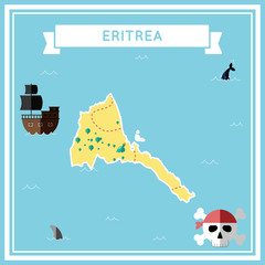 Flat treasure map of Eritrea. Colorful cartoon with icons of ship, jolly roger, treasure chest and banner ribbon. Flat design vector illustration.
