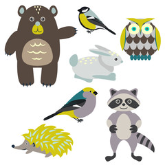 Forest cartoon animals isolated on white for kids. Brown bear, birds, green hedgehog, green owl, gray racoon and blue bunny.