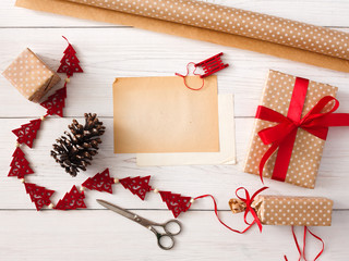 Creative hobby. Handmade tools for making christmas present in box