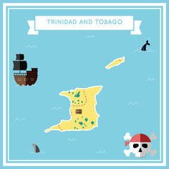 Flat treasure map of Trinidad and Tobago. Colorful cartoon with icons of ship, jolly roger, treasure chest and banner ribbon. Flat design vector illustration.