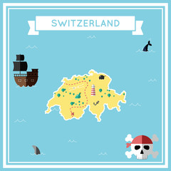 Flat treasure map of Switzerland. Colorful cartoon with icons of ship, jolly roger, treasure chest and banner ribbon. Flat design vector illustration.
