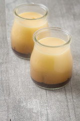Milk Caramel dessert in a glass jar. Grey wood background