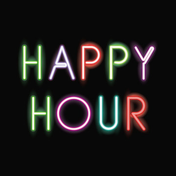 Happy hour neon font icon. Text typography decoration and advertising theme. Colorful design. Vector illustration