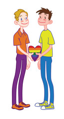Happy cartoon gay couple with rainbow heart.