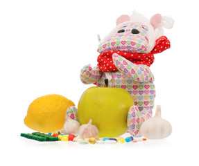 Cute toy hippopotamus with pills - handmade, isolated on white background