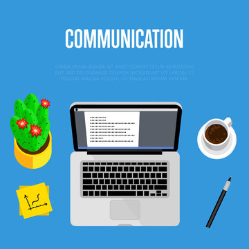 Communication concept. Top view office workspace, vector illustration. Business workplace with laptop, pen, cactus and coffee cup on table. Modern workplace background.
