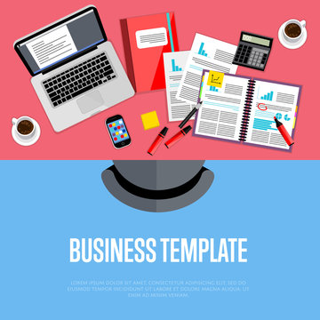 Business template. Top view office workspace, vector illustration. Business workplace with laptop, smartphone, financial documents, cup of coffee and other objects on table. Workplace background