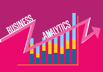 Business finance analytics banner with graphic report on perpl background. Vector illustration concept of analyzing financial indicators. Business growth, market research and strategy planning